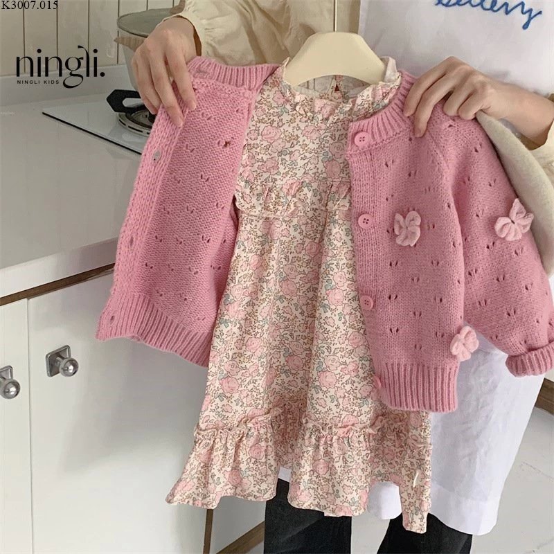 Set áo cardigan len hoa nổi mix váy hoa nhí