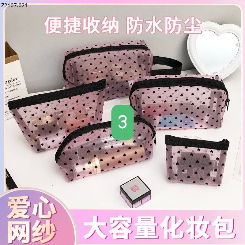 SET 4 TÚI ĐỰNG ĐỒ MAKEUP + SKINCARE CHẤM TIM CỰC XƯN