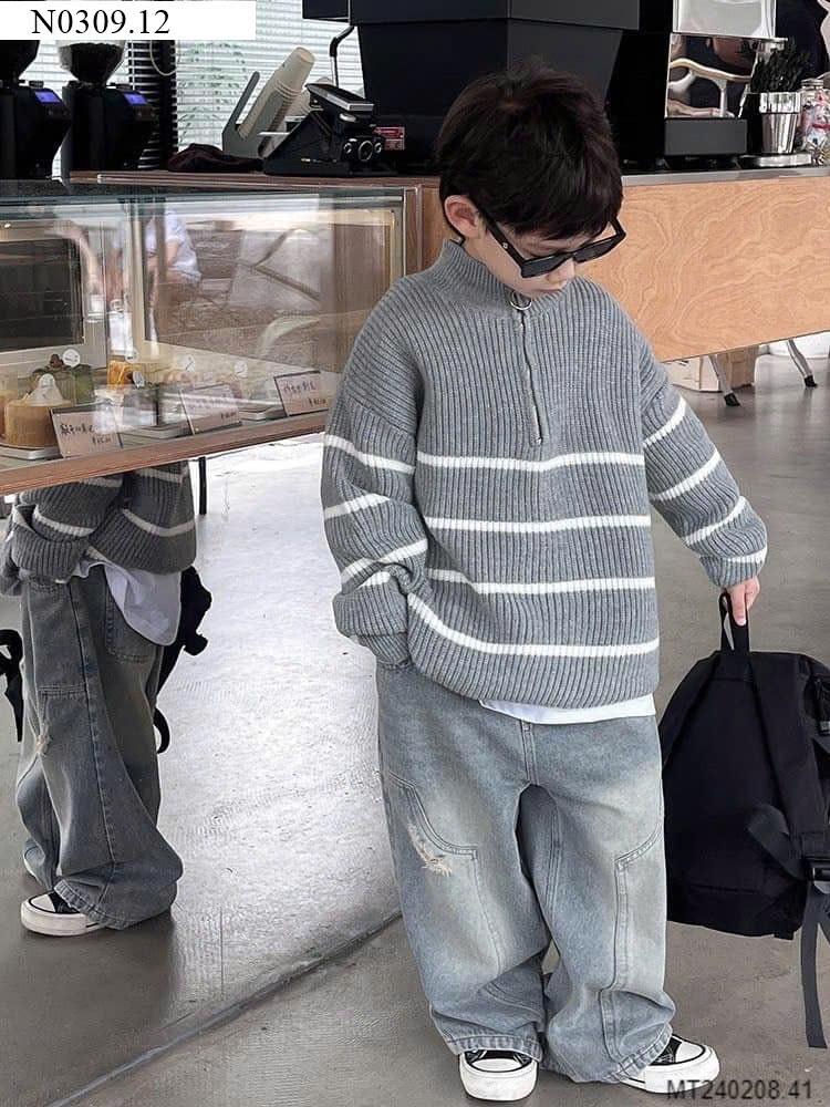 SET ÁO LEN CỔ KHOÁ MIX QUẦN JEANS BÉ TRAI