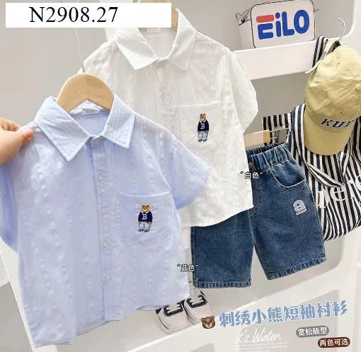 ÁO SƠ MI THÊU GẤU MIX QUẦN SHORT JEAN  BÉ TRAI NHÀ KACADY